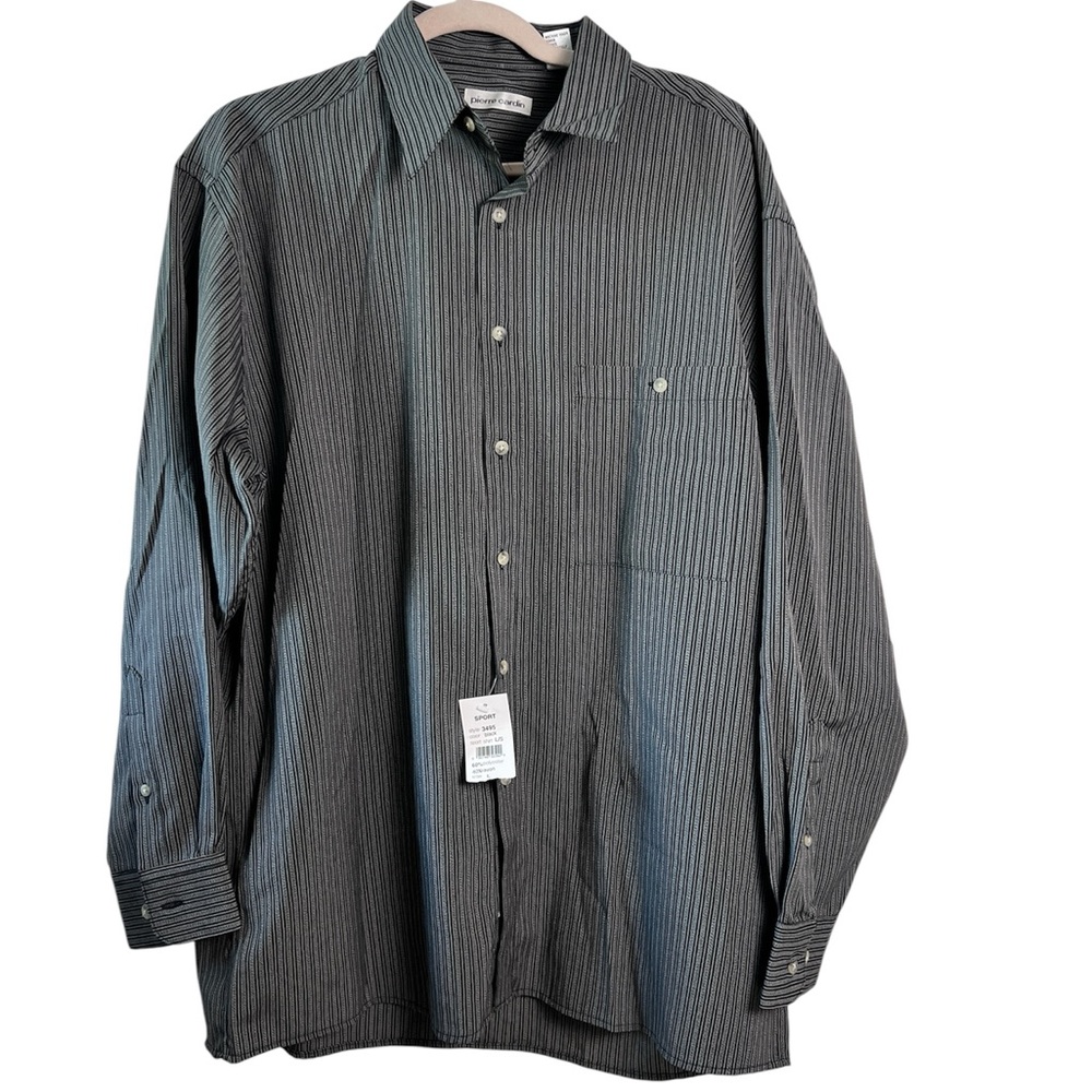 Pierre Cardin Men’s Black White Striped‎ Shirt Large Button Front Long Sleeve